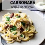 Pinterest image with vegan carbonara below and a title above