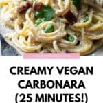 Pinterest image with vegan carbonara above and a title below
