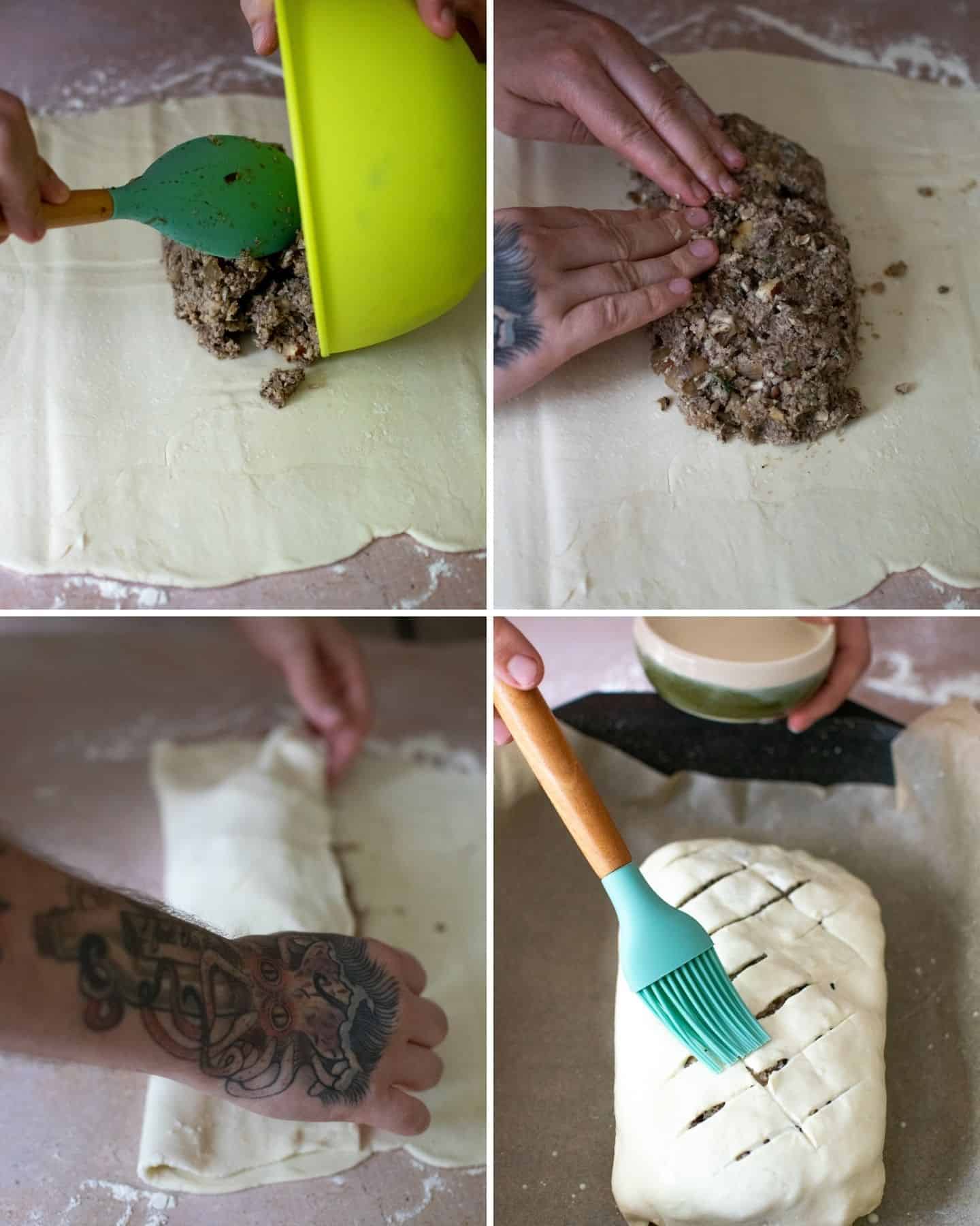 Collage of 4 images of the mushroom mix being put on the pastry, sealed and brushed with oat milk