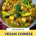 Pinterest image with title on a yellow block underneath the photo of the Chinese curry