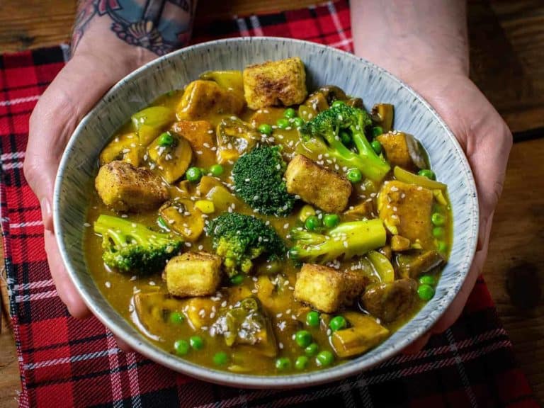 Vegan Chinese curry in a blue bowl being held by a pair of hands.