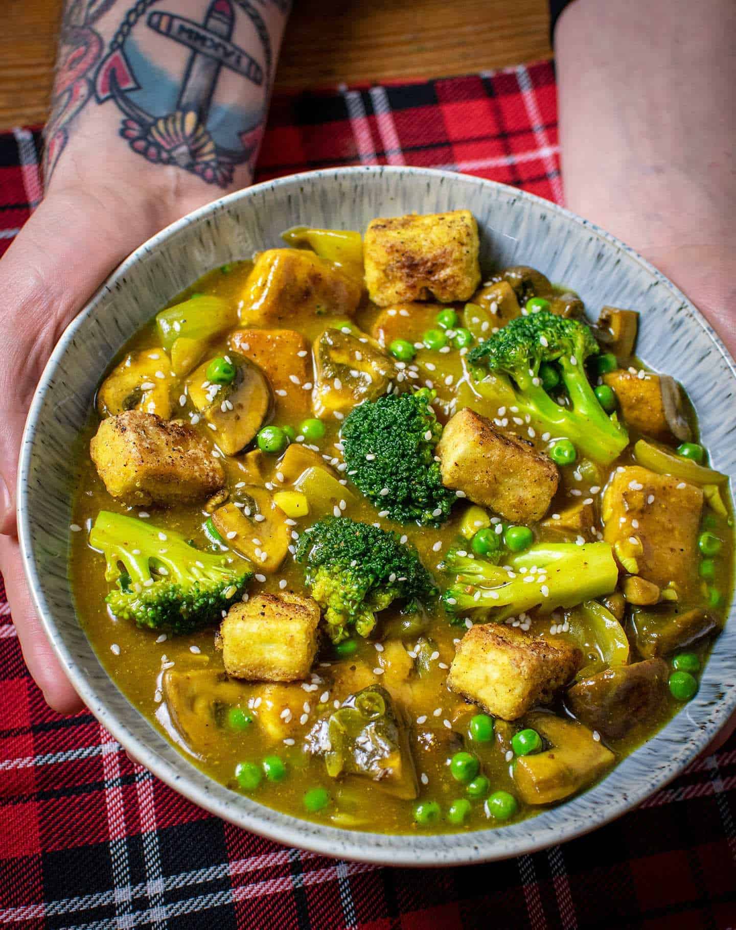Hands holding a bowl of vegan Chinese curry showing sauce, tofu, broccoli, peas and onion