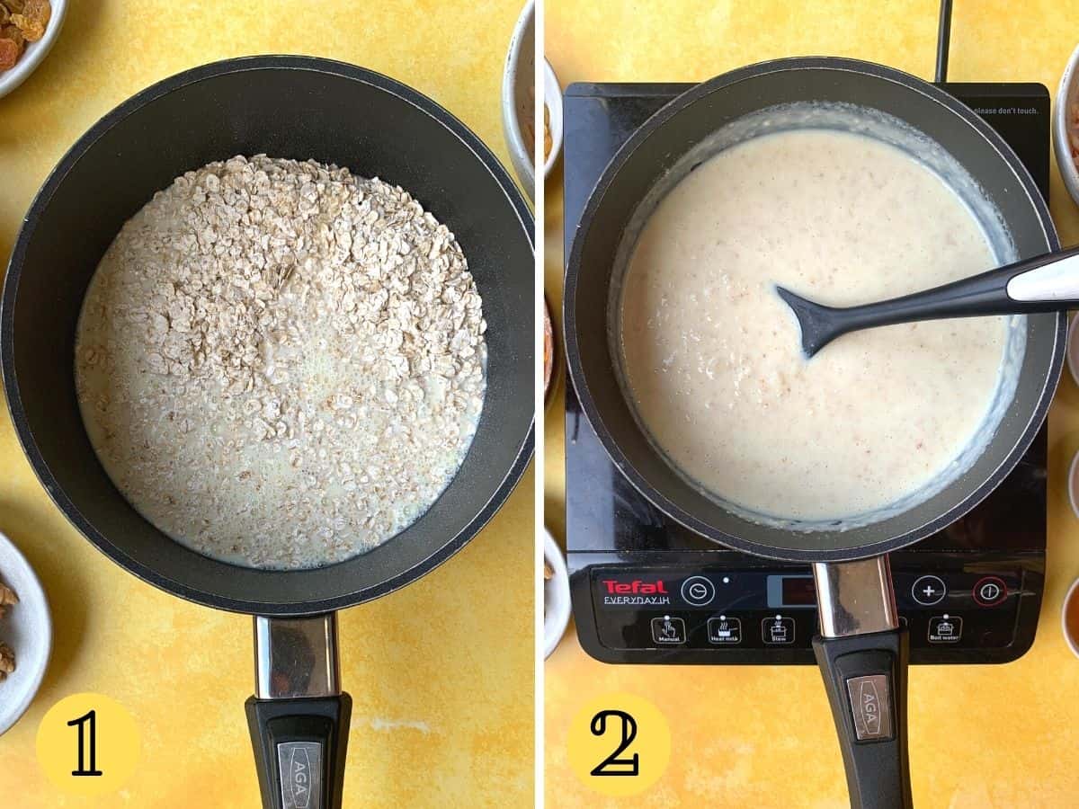 Rolled oats and almond milk on a stove top in a pan.