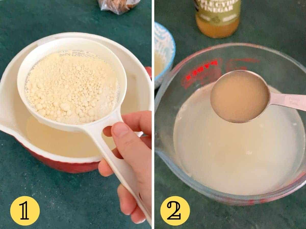 Two images showing step one and two, the left is flour being sieved, on the right a just is full of water with a spoon over it