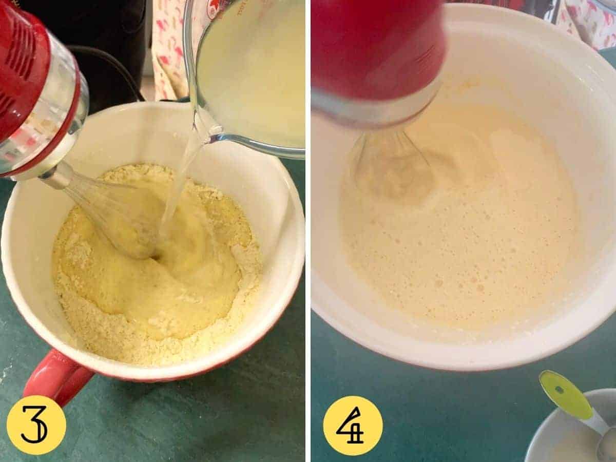 Two images showing how to make the vegan yorkshire pudding batter, both show a bowl with a whisk stirring liquid into flour 