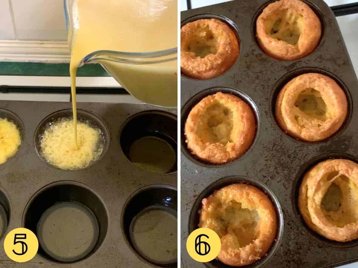 Batter being poured into a muffin tin, cooked vegan yorkshire puddings in the tray.