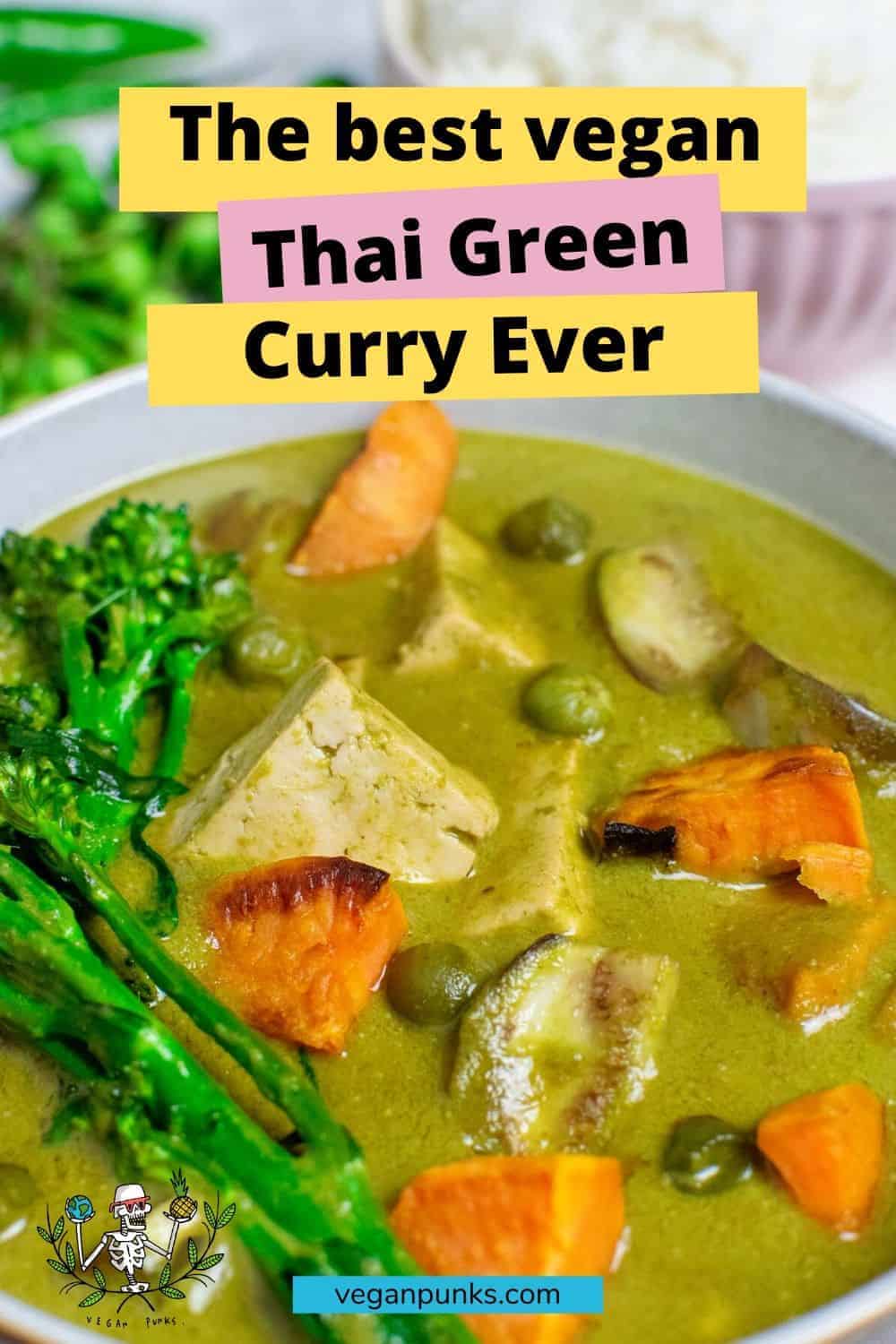 Vegan Thai Green Curry in a white bowl up close. Pinterest image.