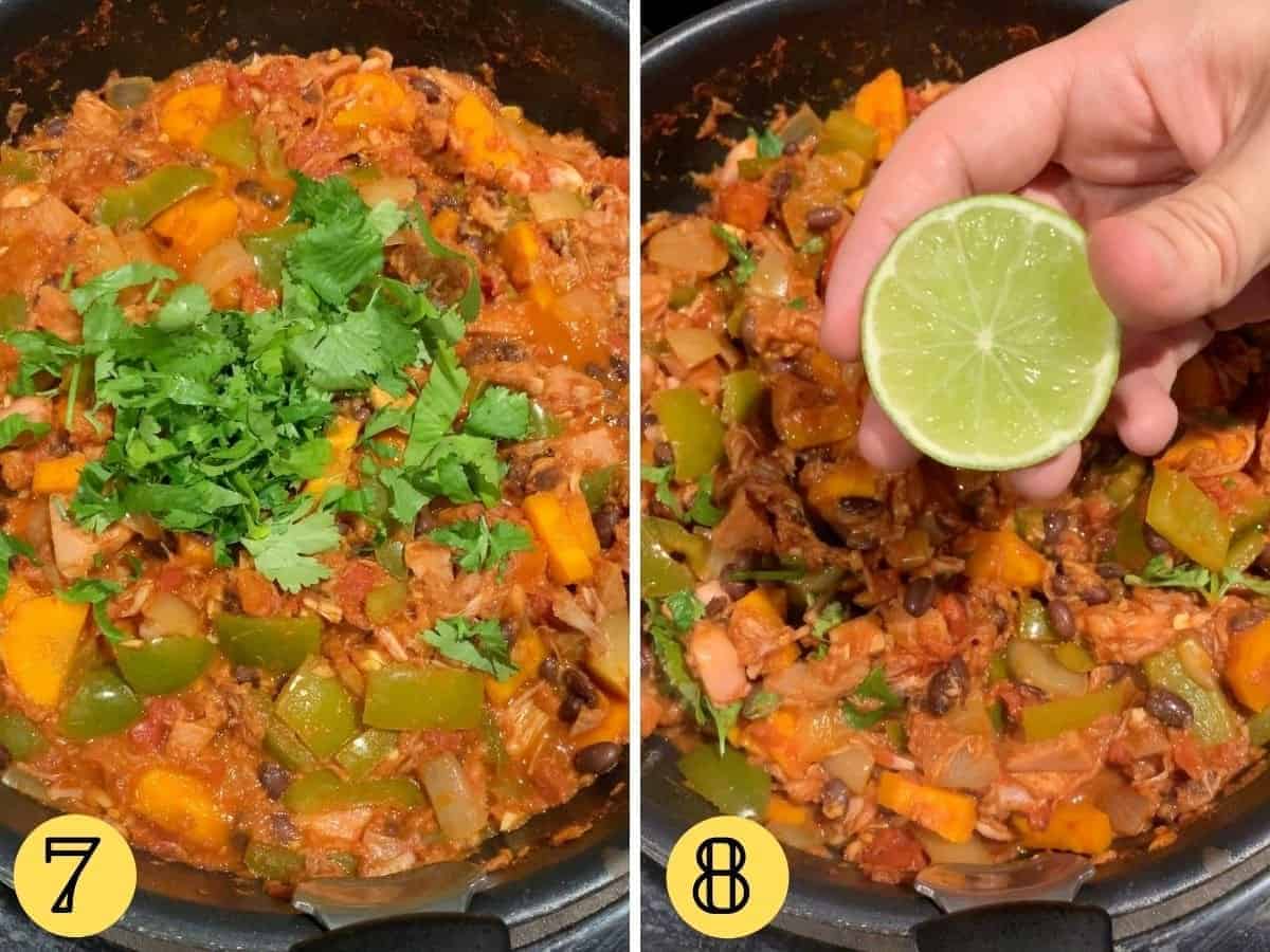Jackfruit chilli topped with coriander and lime juice in a pan