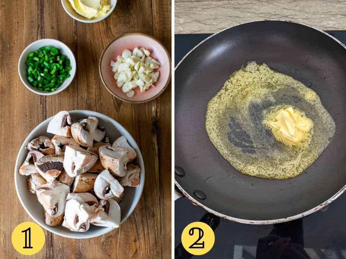 Ingredients in bowls and butter in a frying pan