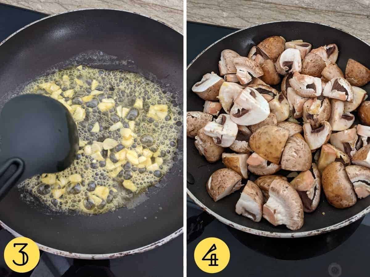 Two images side by side of a pan with butter and garlic and the second picture has mushrooms in the pan too