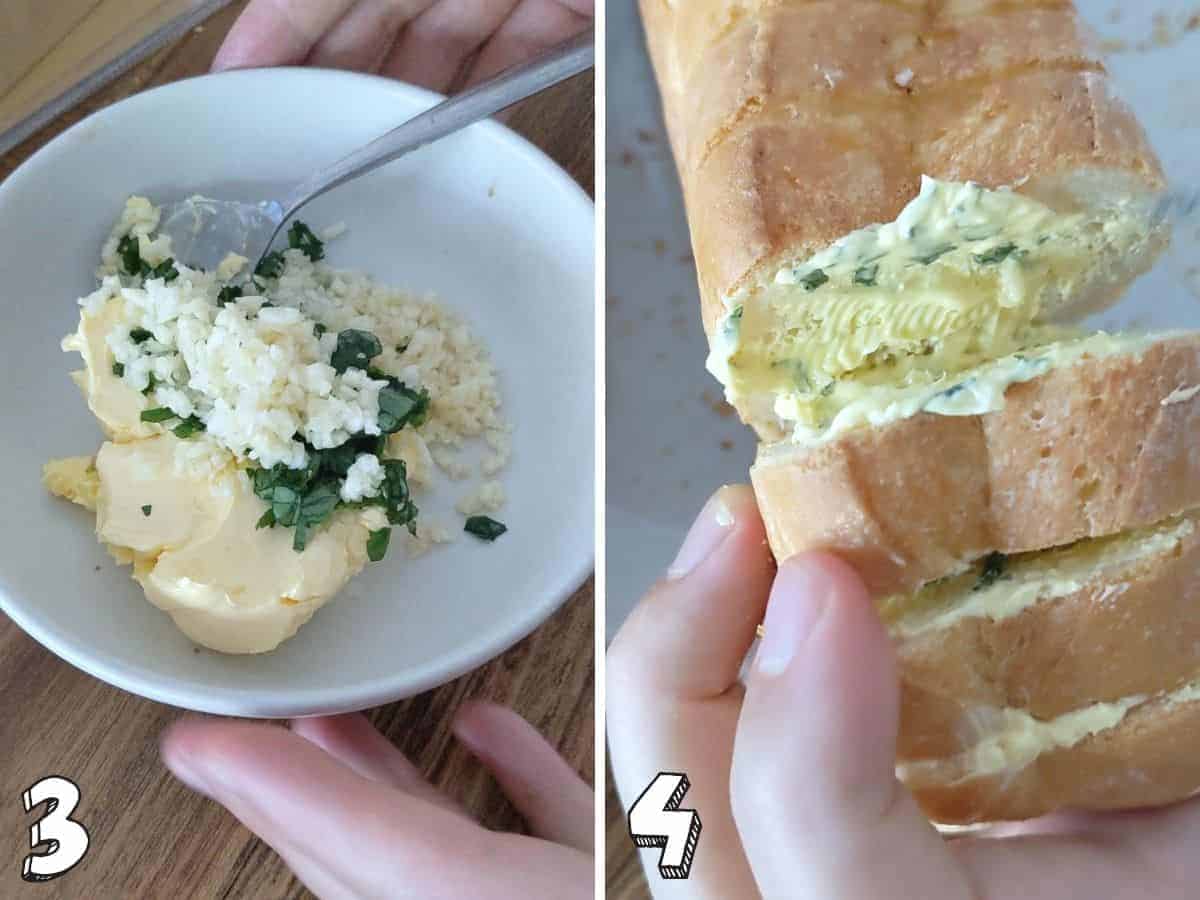 Two images side by side showing vegan butter along with herbs and garlic in a bowl, and then the butter has been spread in between slices in the baguette