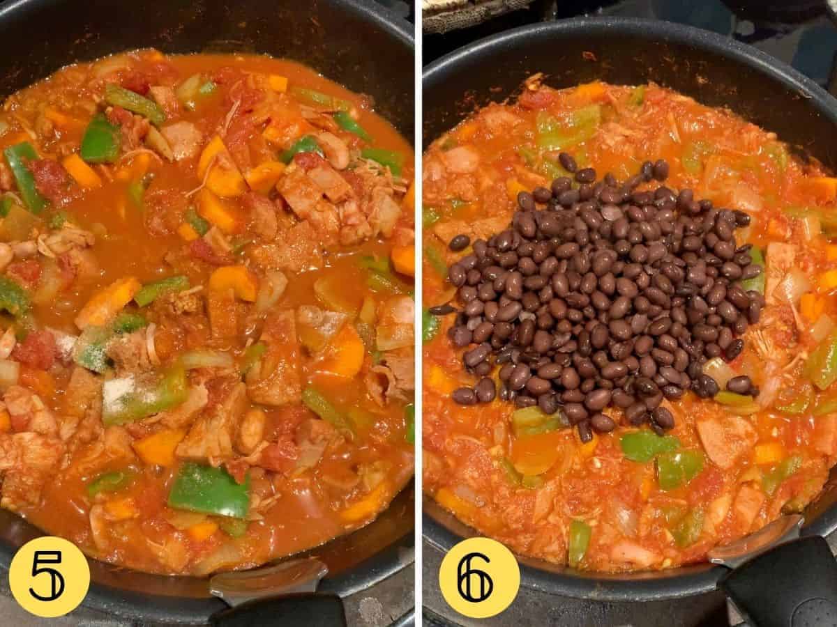 Two top down views of a pan with vegetables in sauce and black beans on top