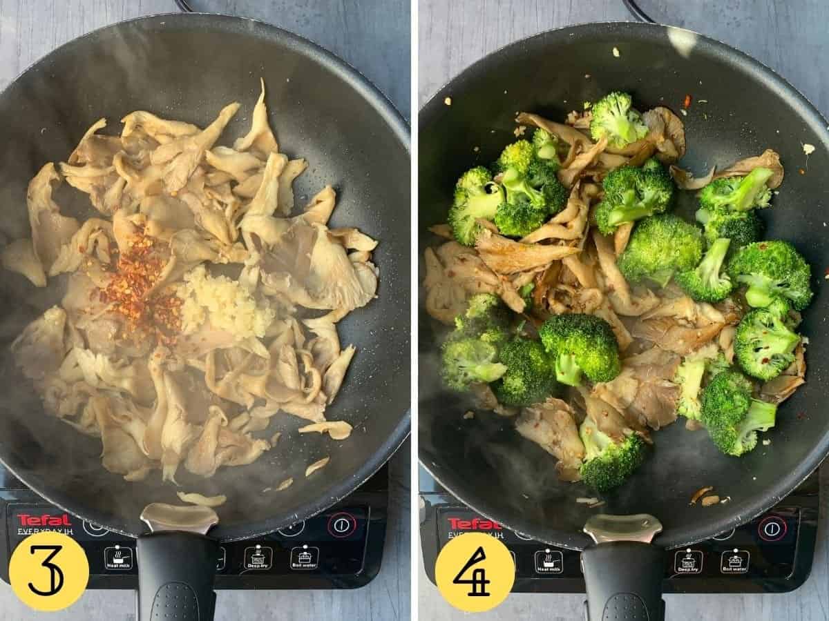 Oyster mushrooms, chilli flakes, garlic and broccoli in a wok on a hob.