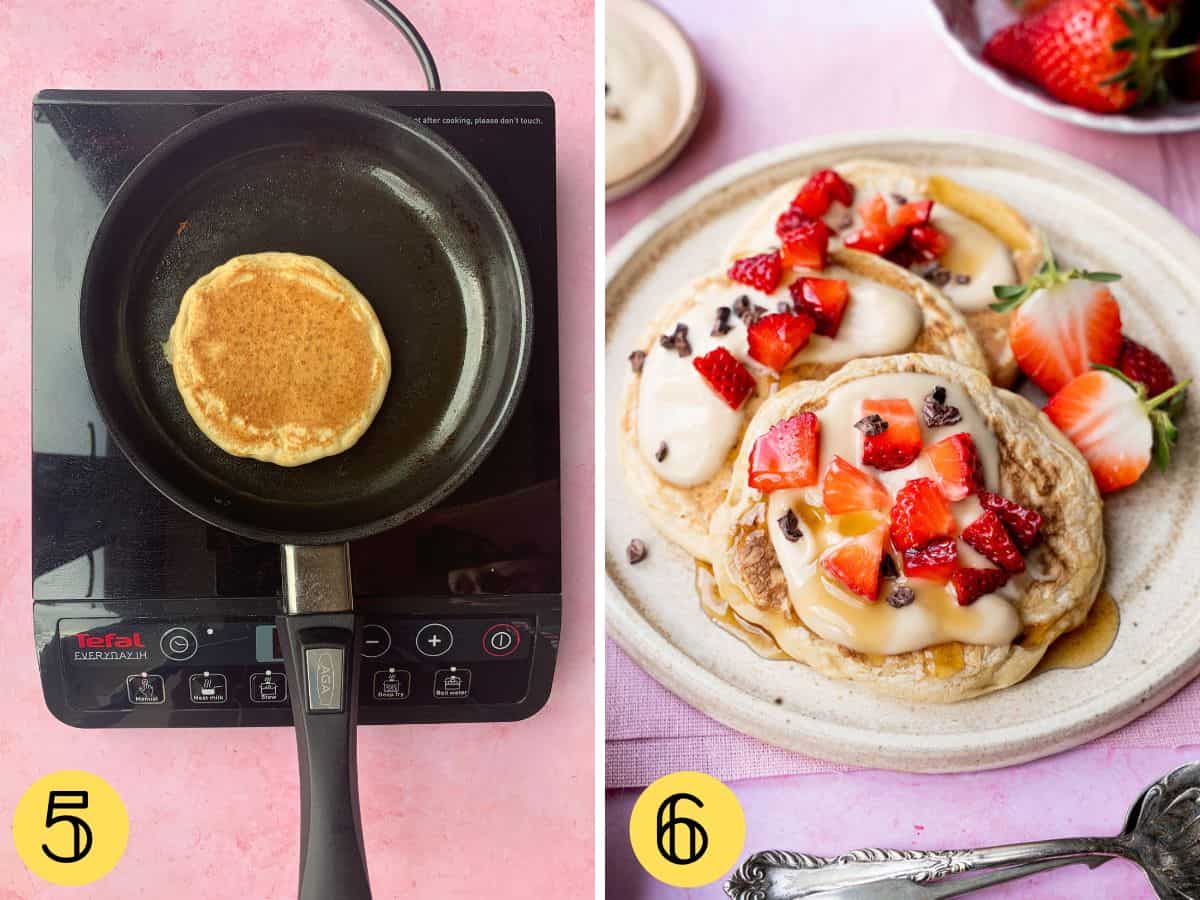 One golden pancake in a pan, a plate of fluffy vegan pancakes with strawberries.