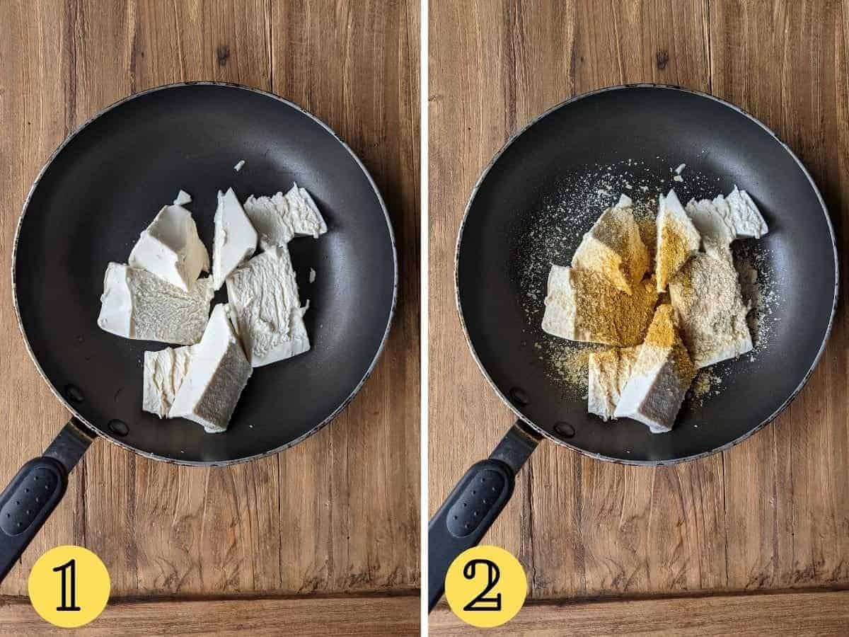 Two images side by side, one has silken tofu broken up in a pan, and the second one is the same but with added seasoning