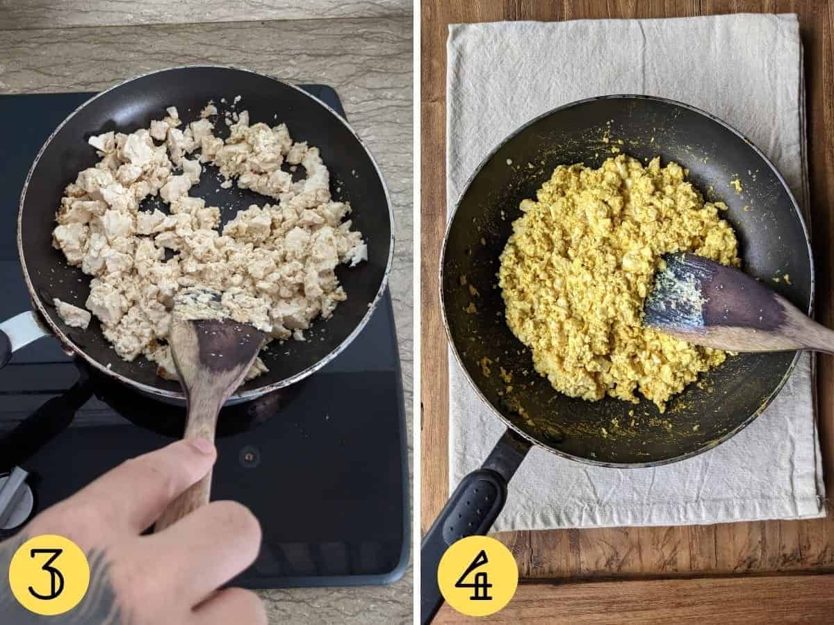 A frying pan on a stove with tofu in it, then a second image with the tofu that has turned yellow after cooking
