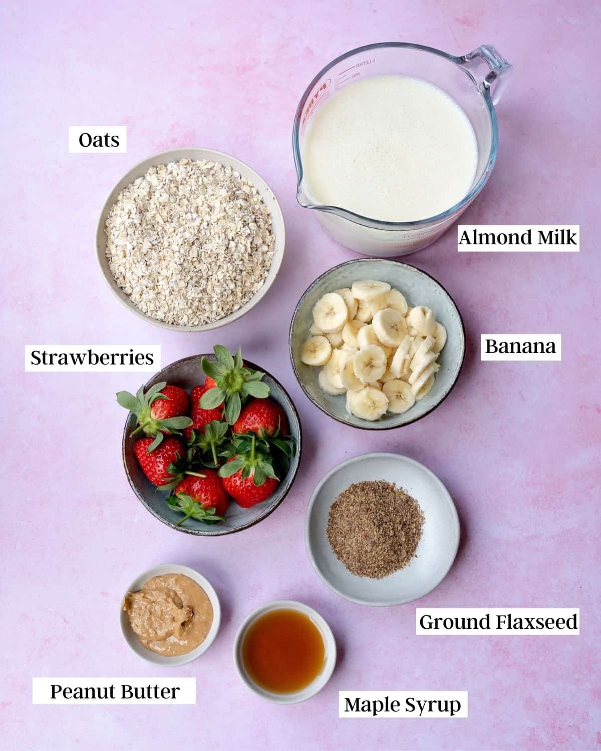 Labelled ingredients for vegan baked oats.