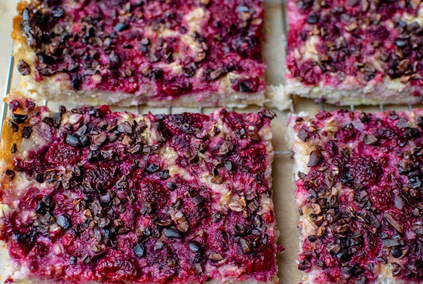 Vegan baked oatmeal with raspberry and chocolate