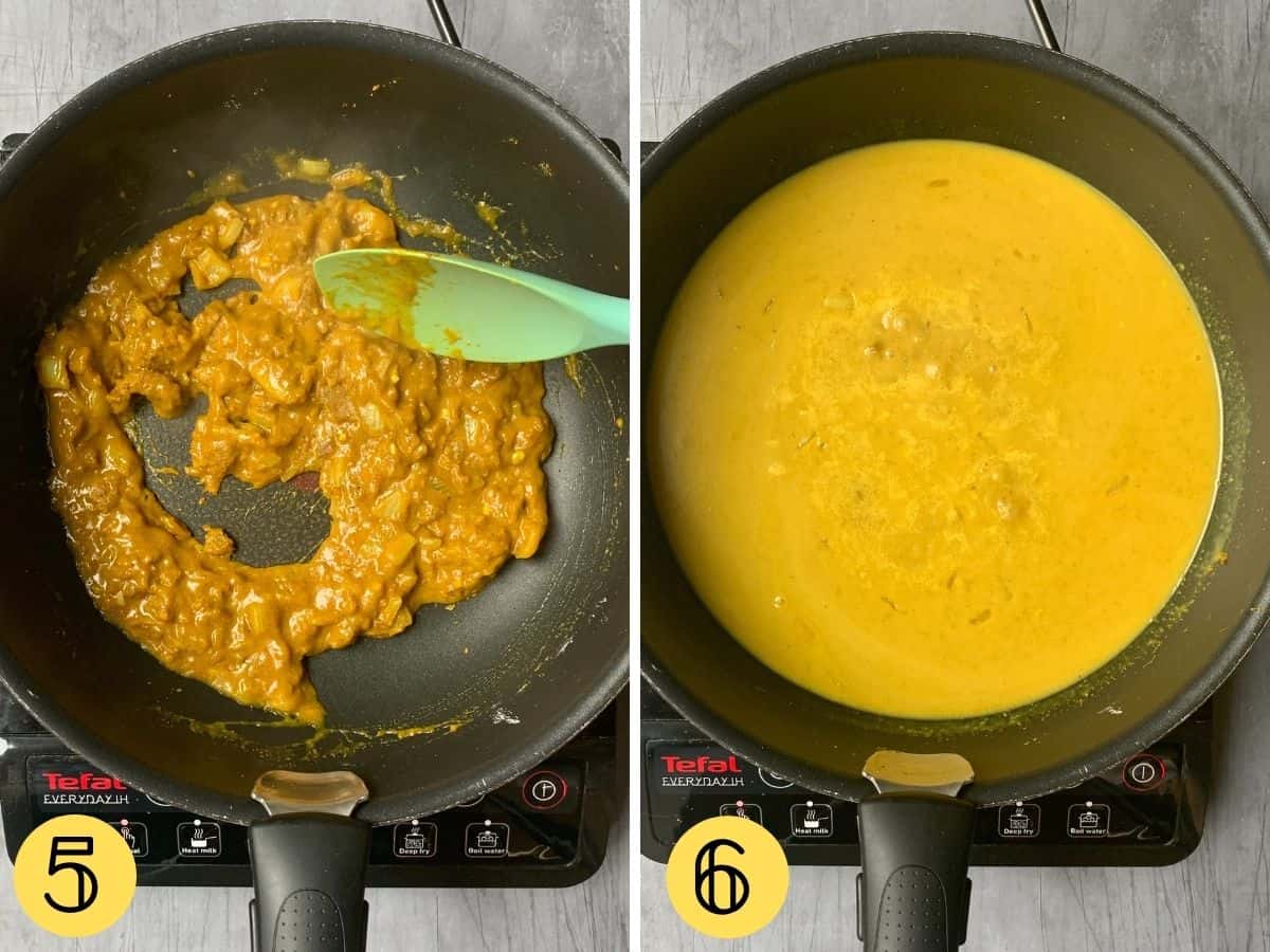 Thick sauce in a wok, then second photo showing the same sauce but with more water.