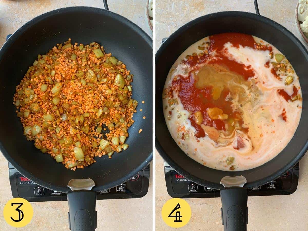 Lentils and sauce cooking in a wok.