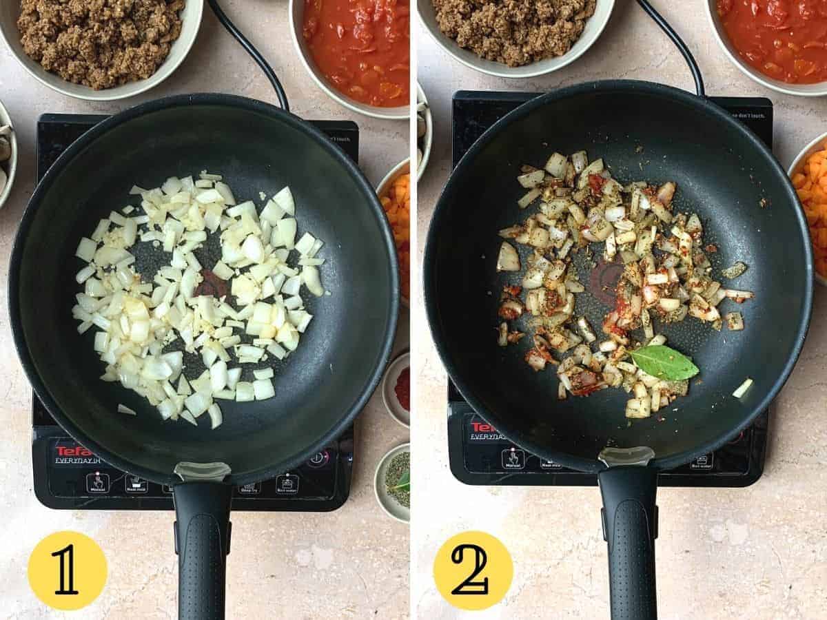 Two images showing top down view of a pan with ingredients in it