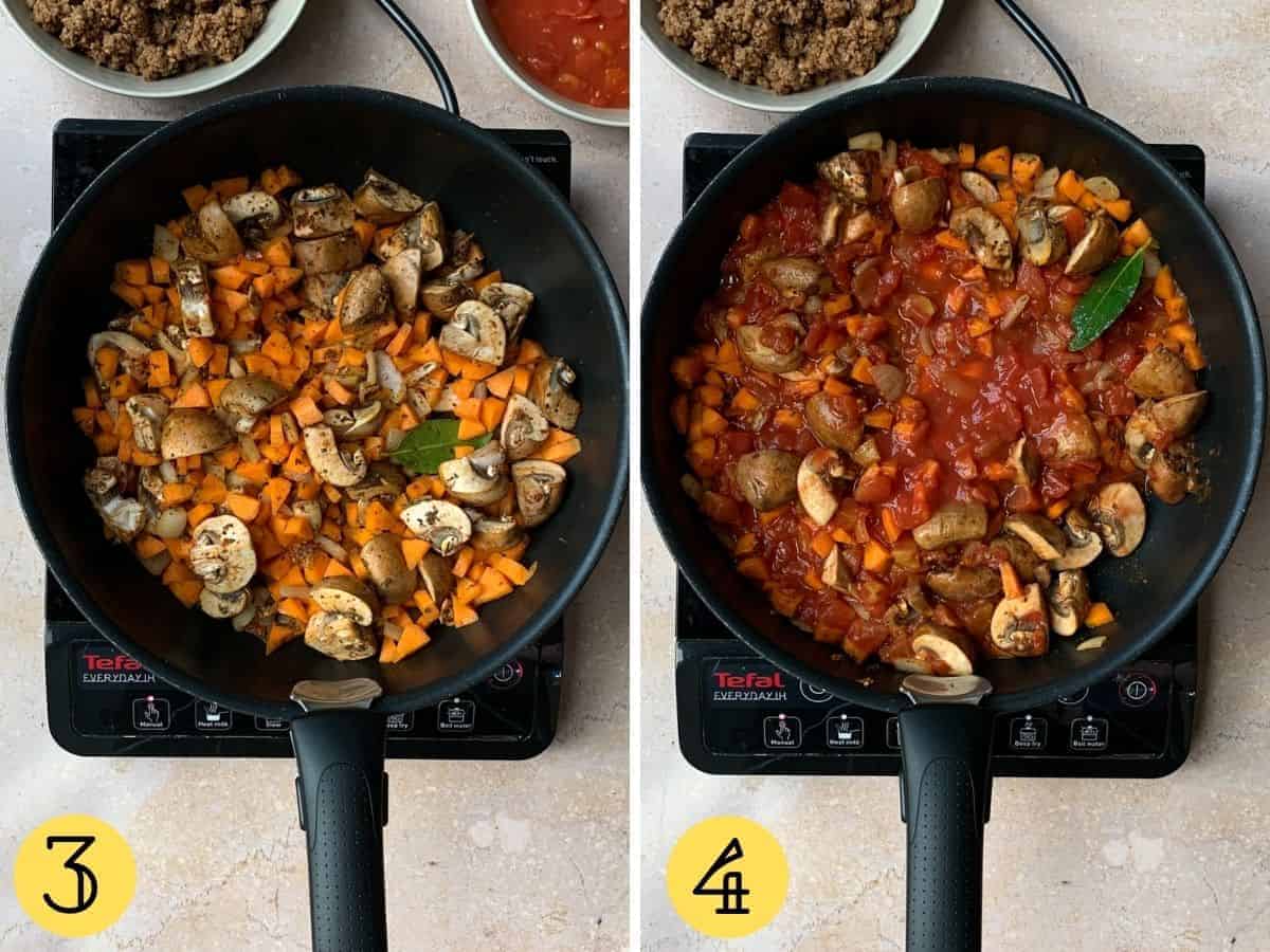 Top down view of two images showing a pan with food being cooked inside