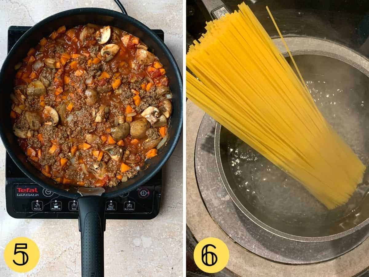 Two images, once showing spag bol simmering, the other shows spaghetti cooking
