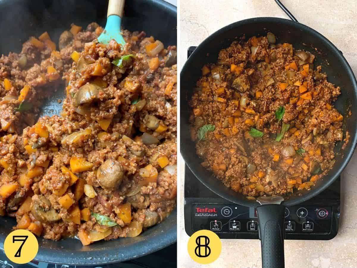 Vegan spaghetti bolognese close up and second picture is a top down view 