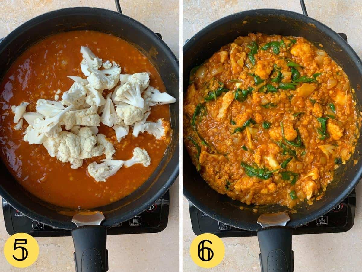 Cauliflower on top of curry simmering in a pan, second image of finished curry in the wok.