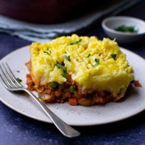 TVP shepherd's pie on a plate with a fork