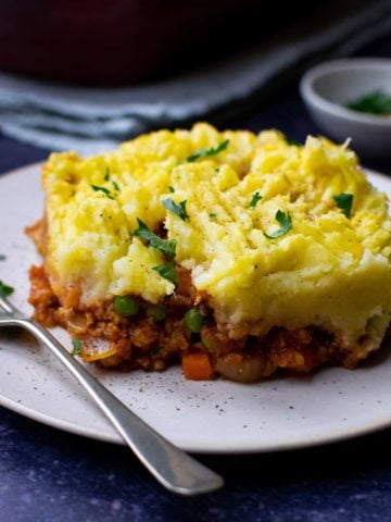 TVP shepherd's pie on a plate with a fork