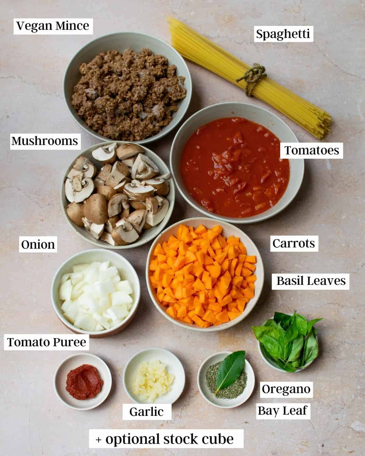 Ingredients laid out in bowls and labelled with text
