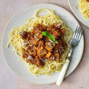 Vegan Spaghetti Bolognese on a plate with a fork