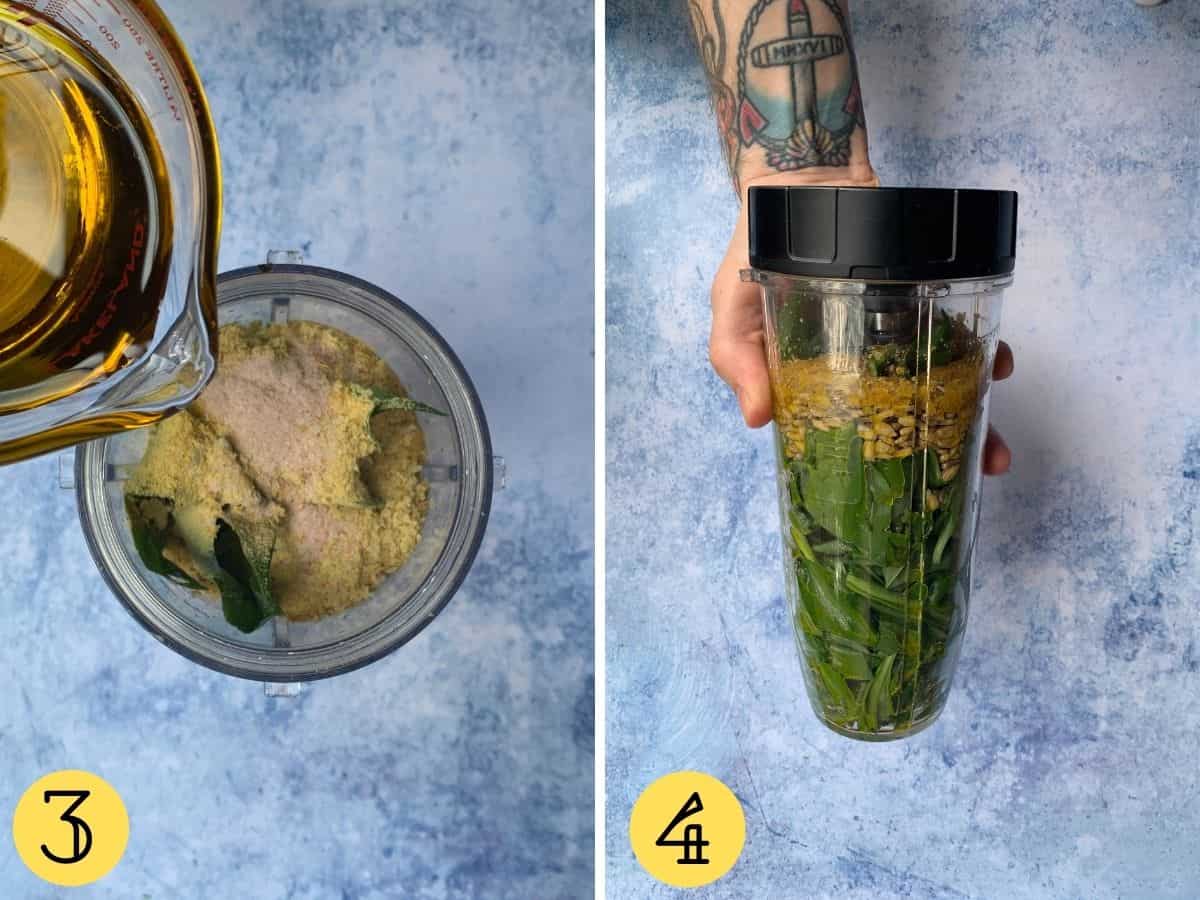 Ingredients for vegan wild garlic pesto in a blender cup.
