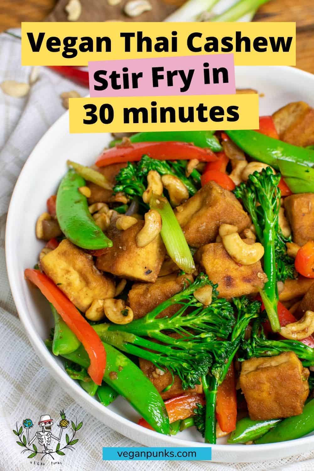 A bowlful of Thai Cashew Stir Fry with a white tea towel around the bowl.