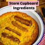 A Pinterest image showing a photo of vegan toad in the hole with the words 'Vegan Toad in the Hole from Store Cupboard Ingredients' written above it.