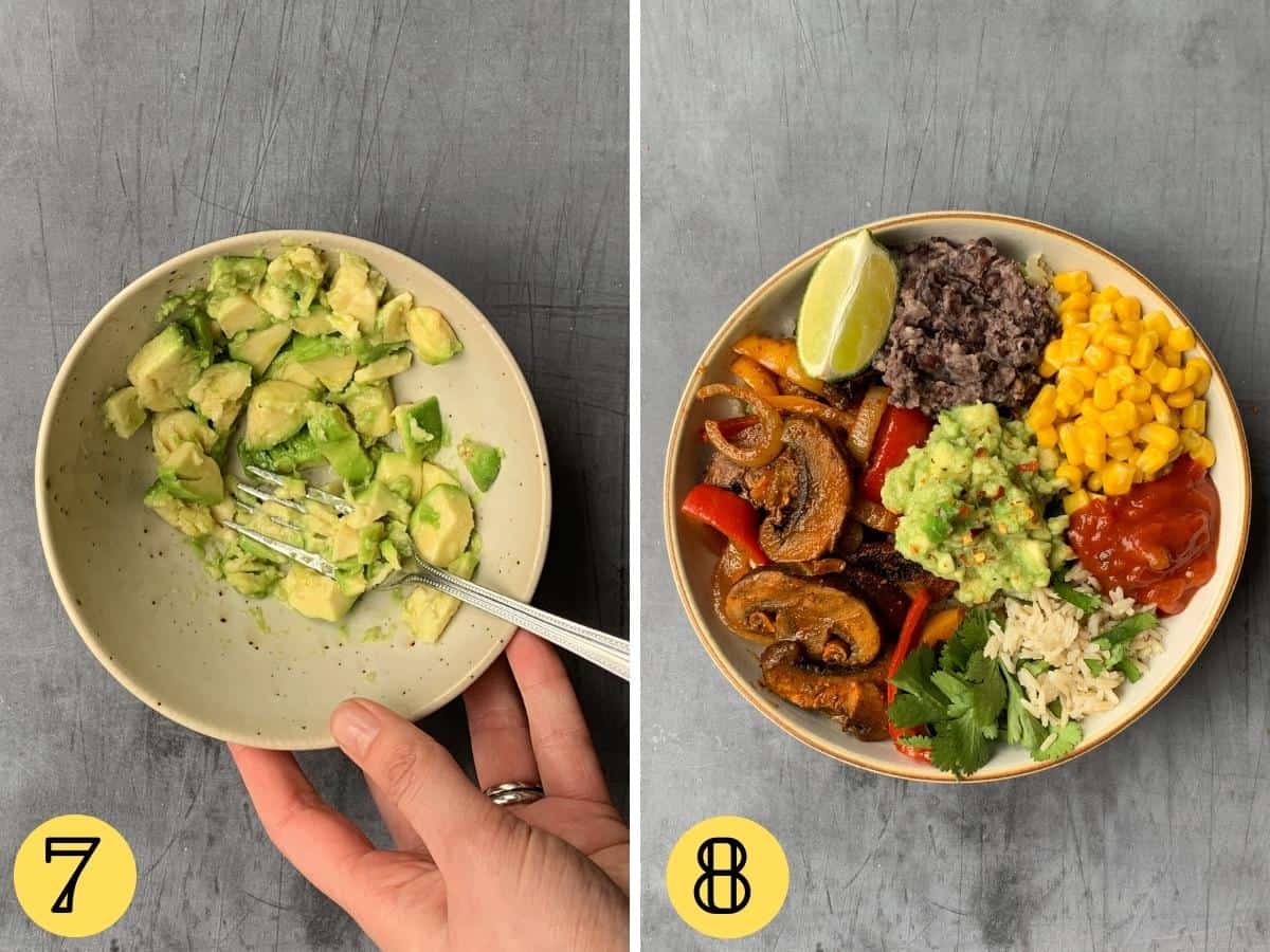 Avocado in a bowl with a fork, a fully made up Mexican Buddha bowl.