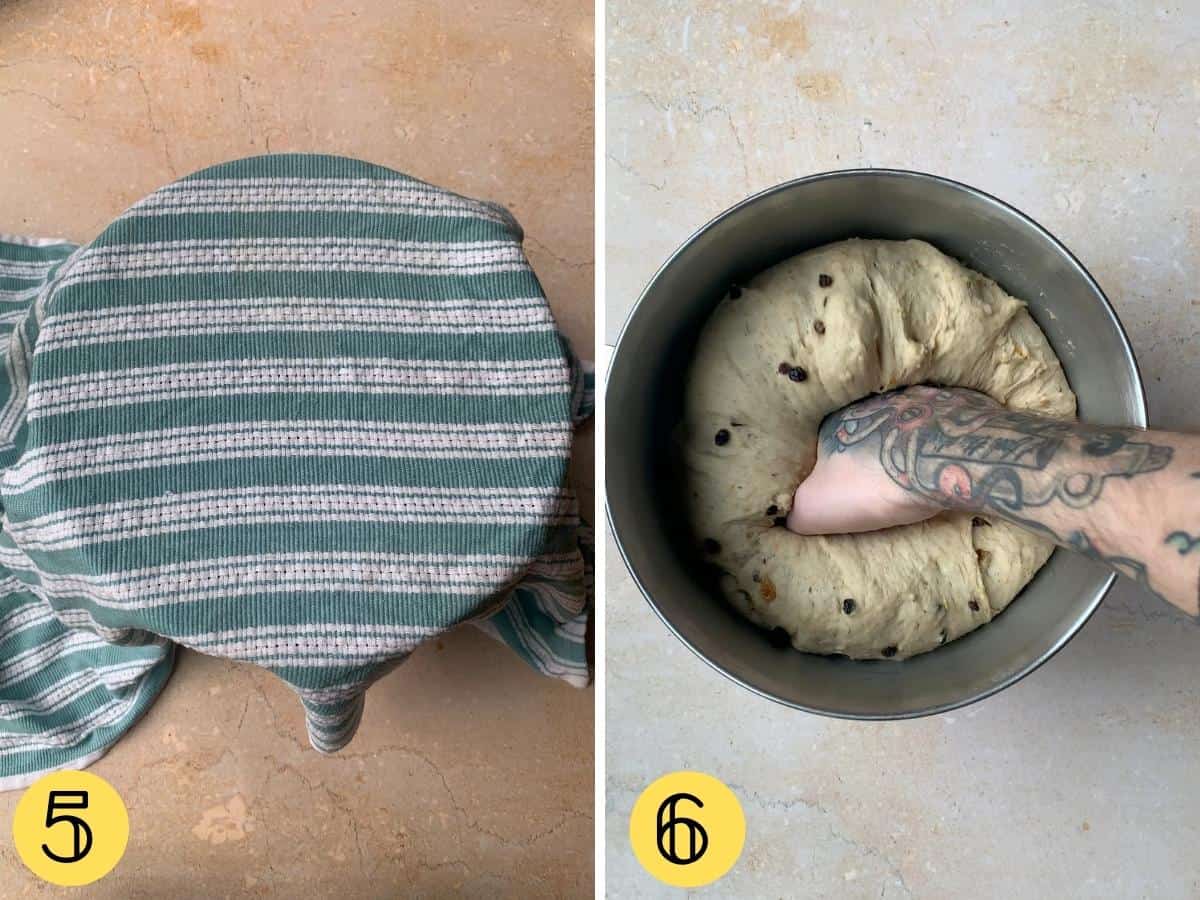 A bowl covering a bowl and then a hand punching risen dough.