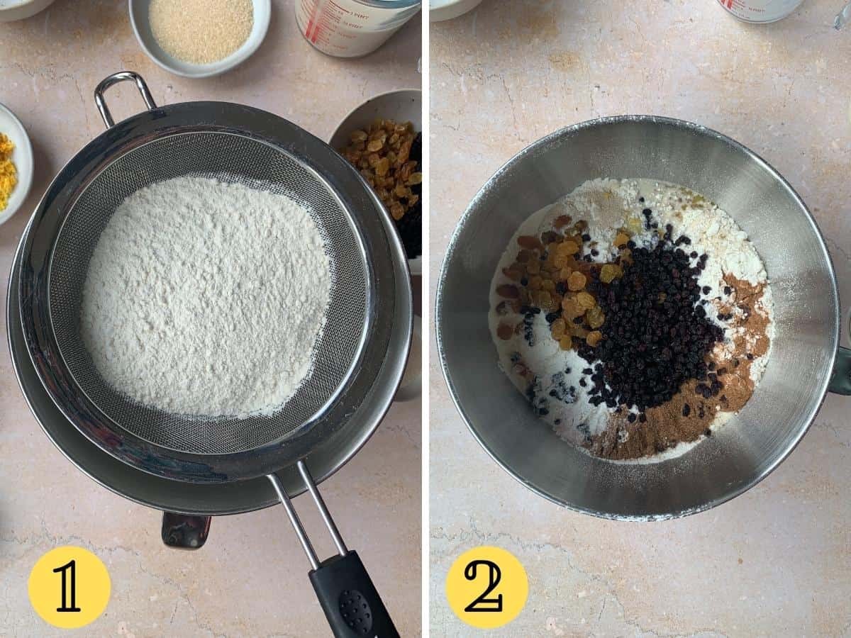 Flour in a sieve and dry hot cross bun ingredients in a bowl.