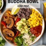 A Pinterest image showing a photo of a fajita bowl with a recipe title.
