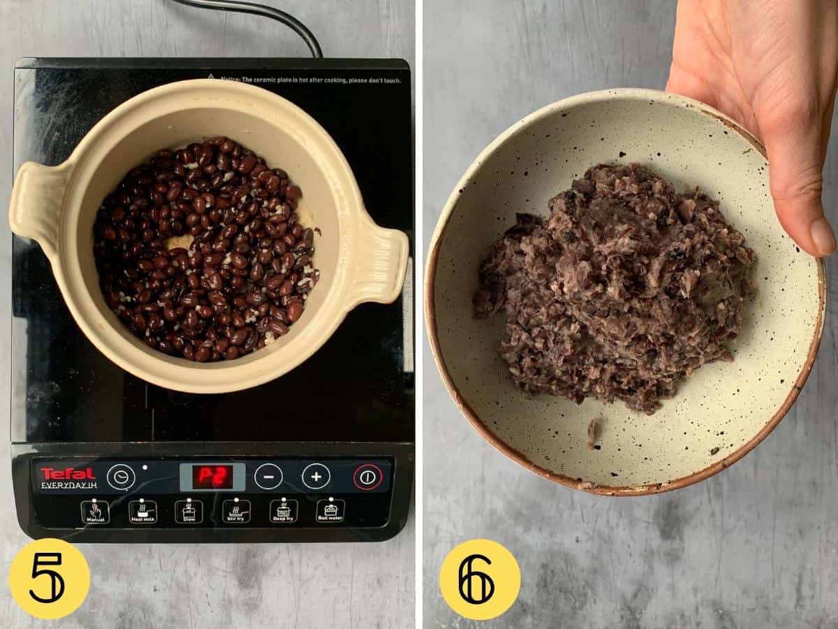 Black beans in a pan on a hob, and mashed black beans in a bowl.