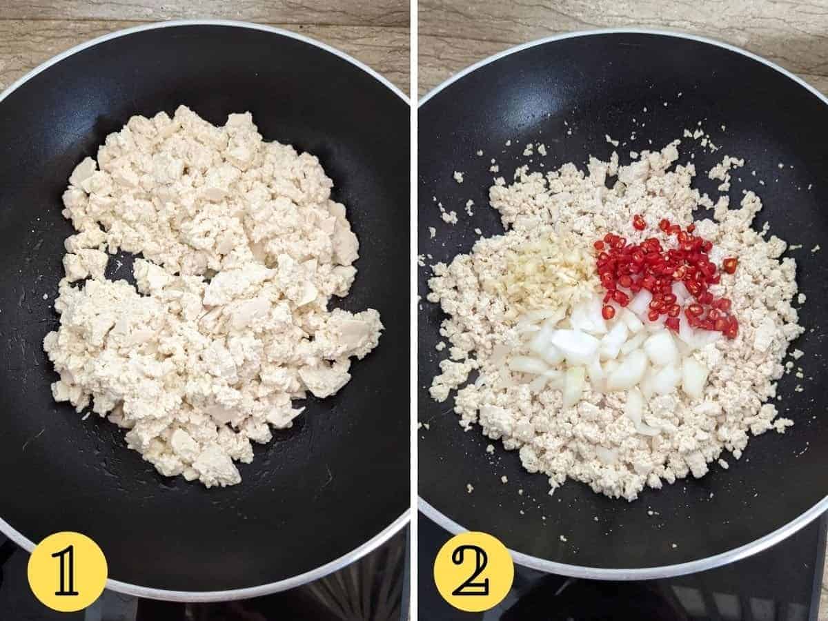 Two images of a wok, side by side, one has crumbled tofu, the other has crumbled tofu, chillies and shallots