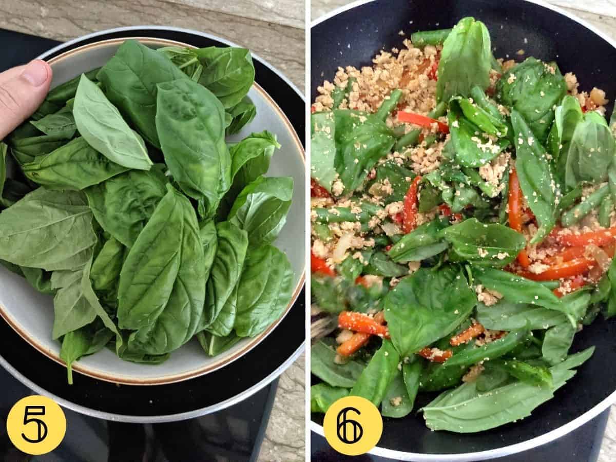 Two images showing a wok, one with basil in a bowl above it, the other has it stirred in