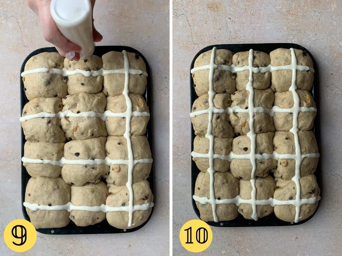 A squeeze bottle piping crosses onto hot cross buns, and the crosses complete on the buns.