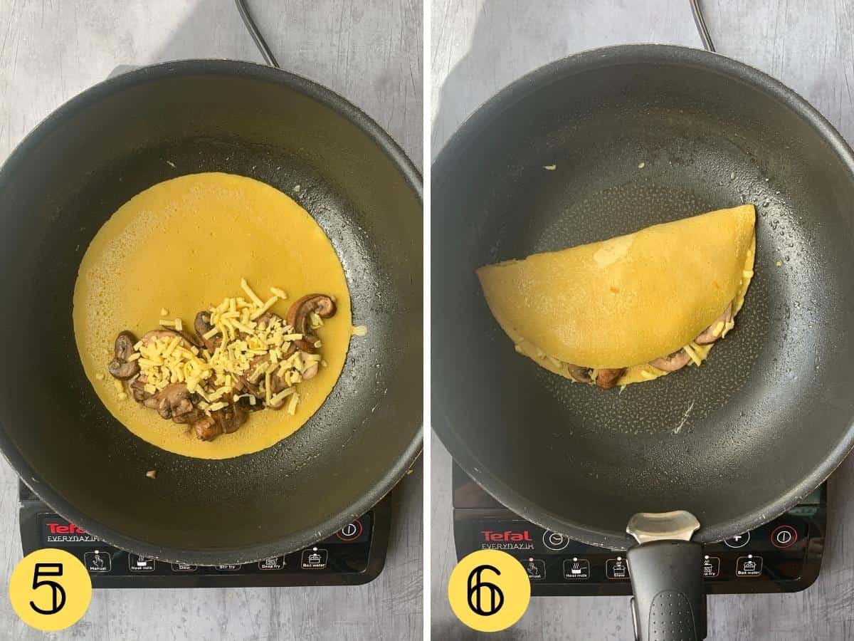 Vegan omelette in a pan with mushrooms and cheese, second folder shows it folded in half.