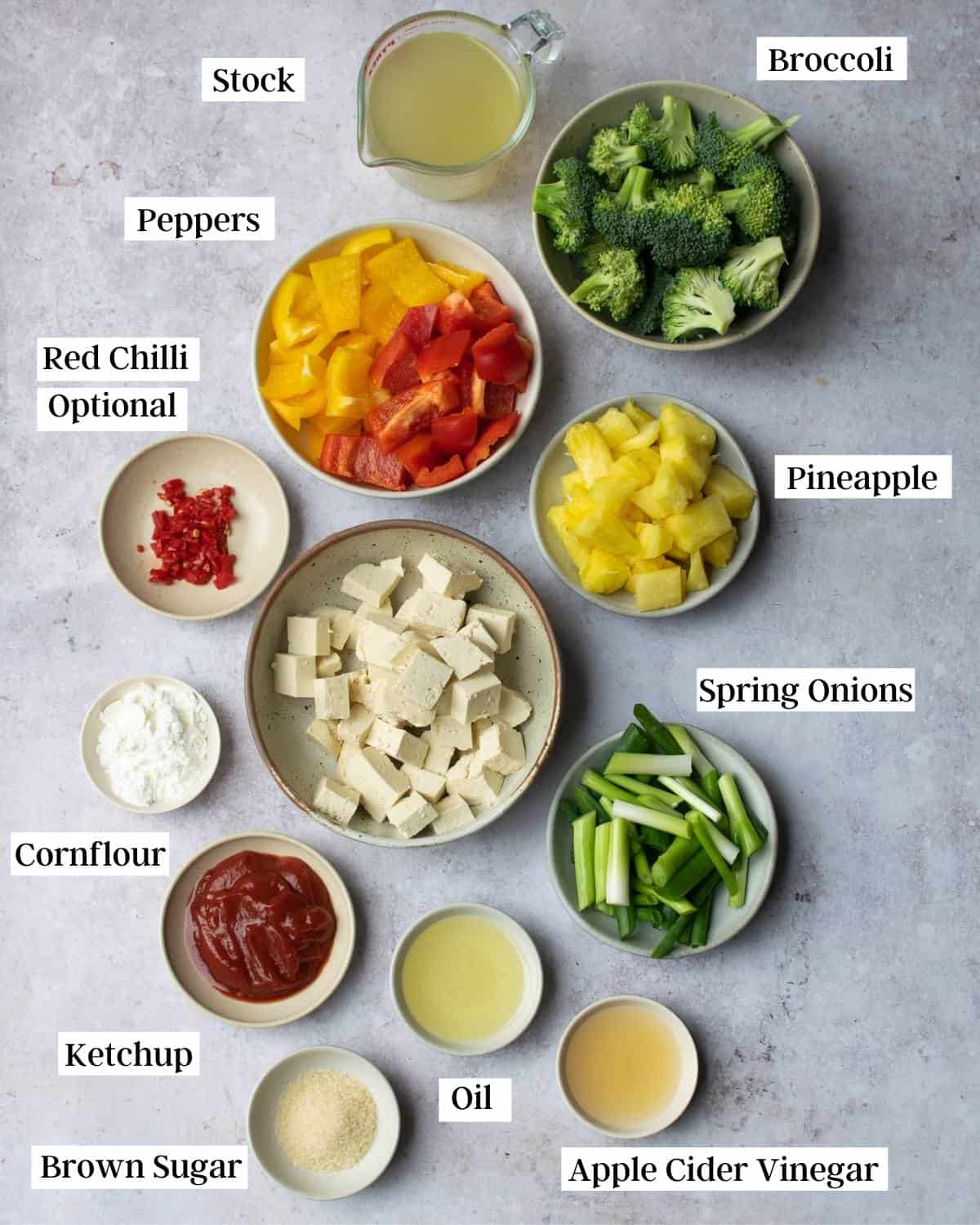 Ingredients laid out in bowls, labelled with text.