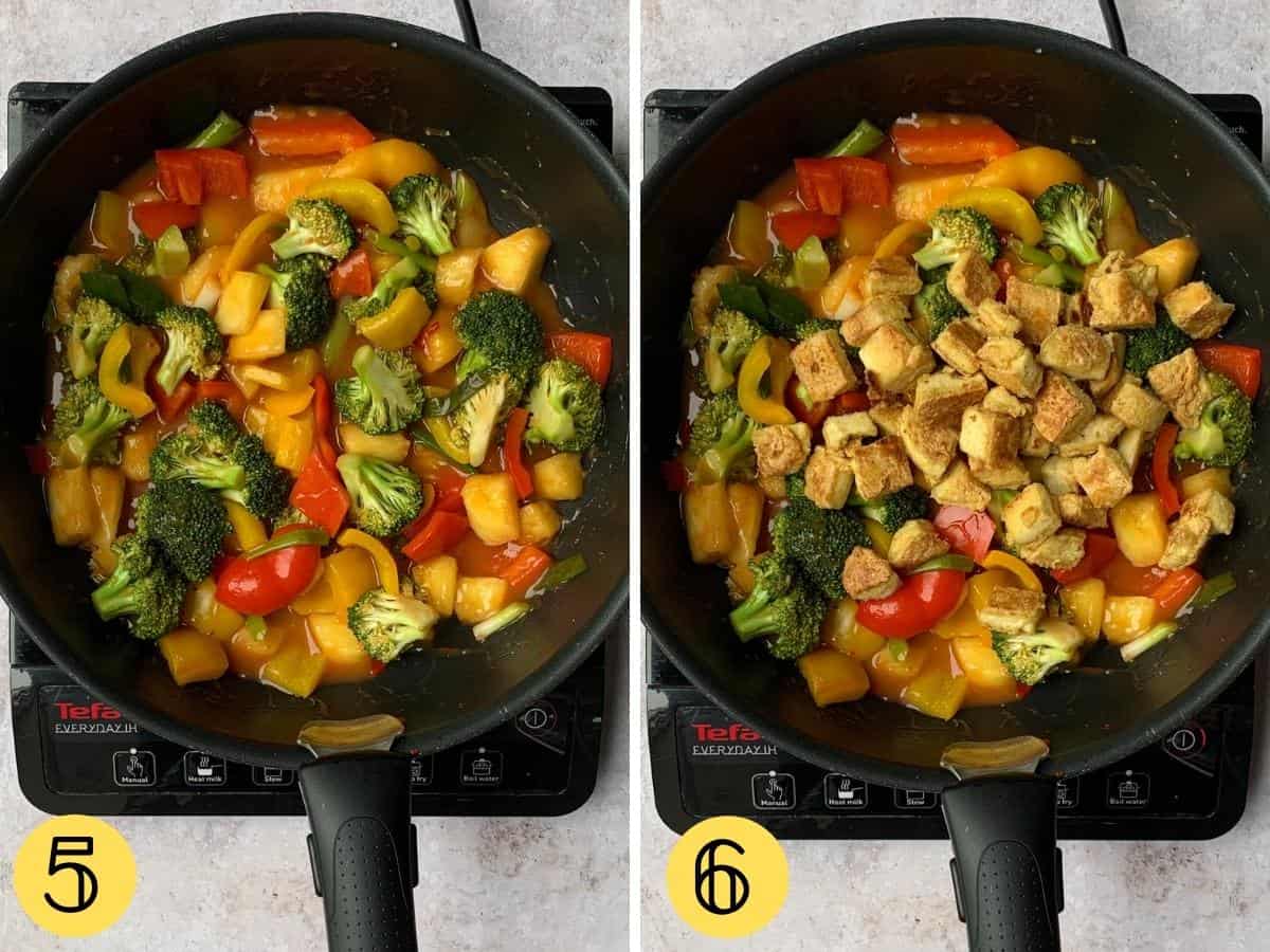 Sweet and sour sauce with vegetables and tofu in a pan, two photos.