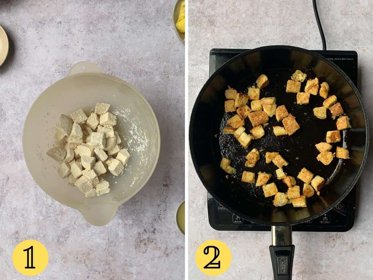 Tofu in a bowl with cornflour, and then cubed tofu being fried in a pan.