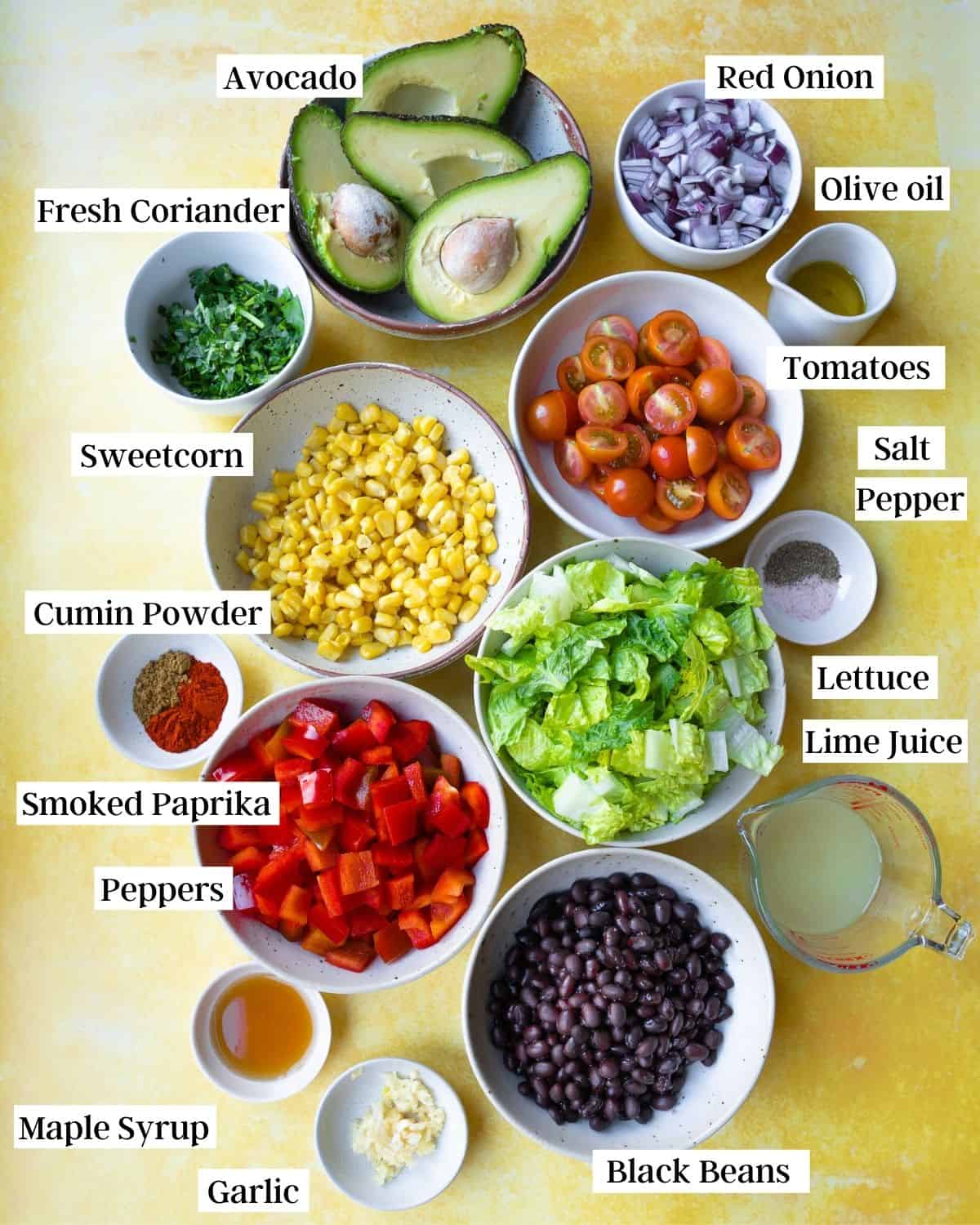 Ingredients for vegan Mexican salad in bowls, labelled with text.