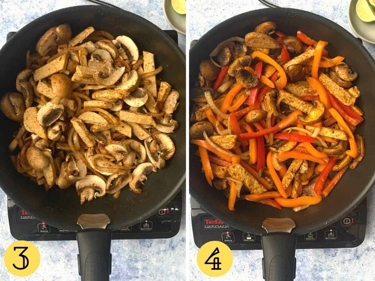 Mushrooms, peppers and Quorn fillets in a sauté pan